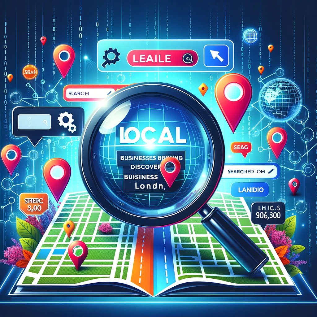 Digital illustration of Local SEO concept with magnifying glass over a map, location pins, and search bar with local keywords, against a vibrant background suggesting digital connectivity.