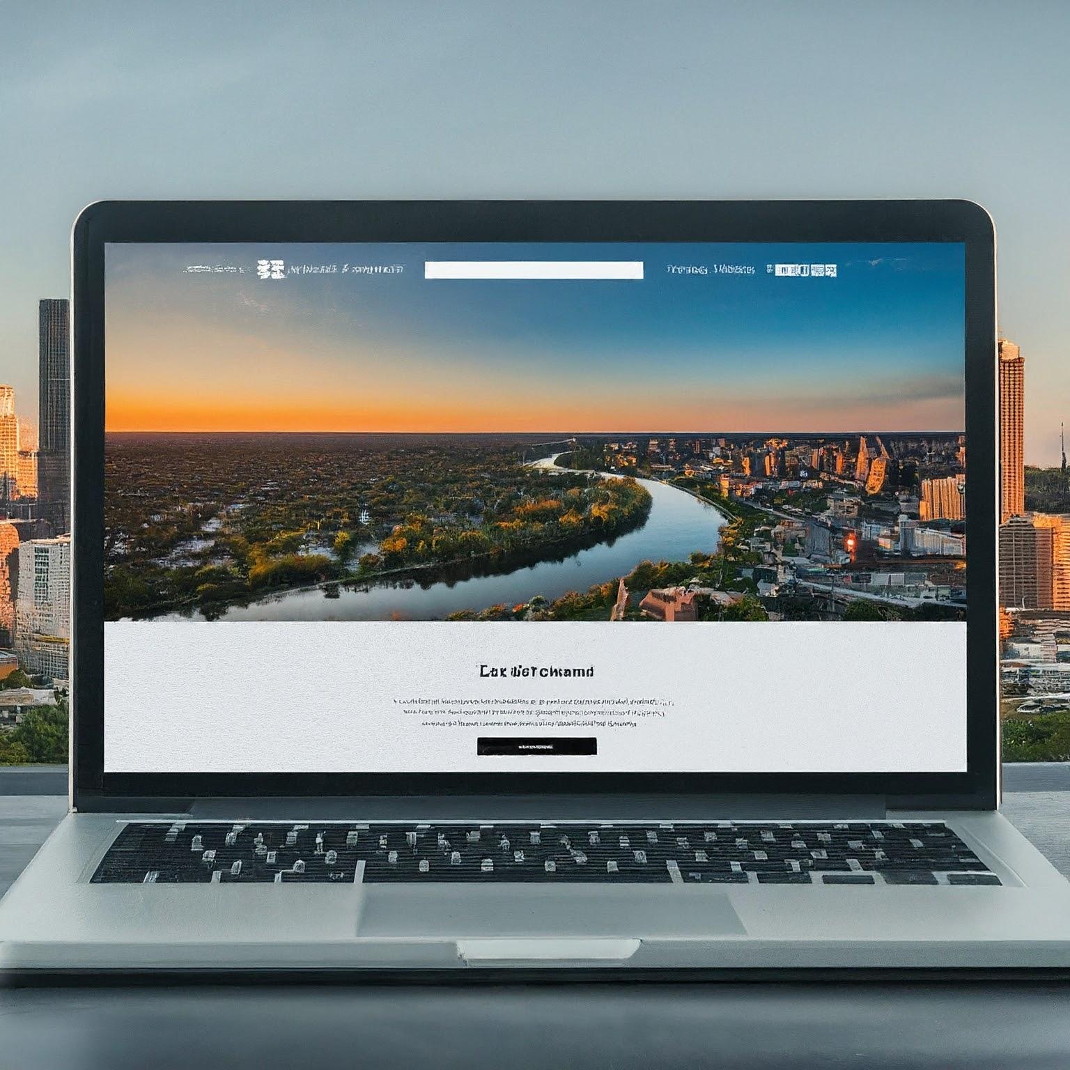 A laptop screen displaying a website design mockup in front of a cityscape of London, Ontario. The website design features a clean and modern layout with high-quality images and clear calls to action.